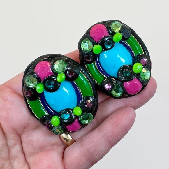 Vintage Earrings, 80s, Jewels, Statement, Clips, Retro, Paper Mache, Handcrafted - Picture 1 of 4